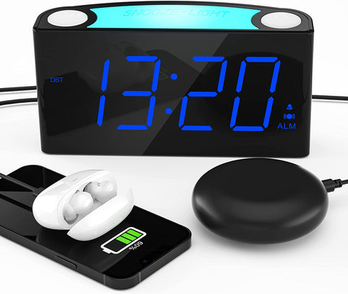 Loud Alarm Clock for Heavy Sleepers Hearing Impaired Adults, Vibrating Bed Shaker Alarm Clock with 2 USB Chargers,7 Color Night Light, 0-100% Dimmer & Battery Backup, Digital Clock for Teens Kids