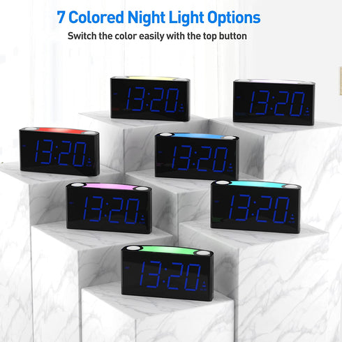 Loud Alarm Clock for Heavy Sleepers Hearing Impaired Adults, Vibrating Bed Shaker Alarm Clock with 2 USB Chargers,7 Color Night Light, 0-100% Dimmer & Battery Backup, Digital Clock for Teens Kids