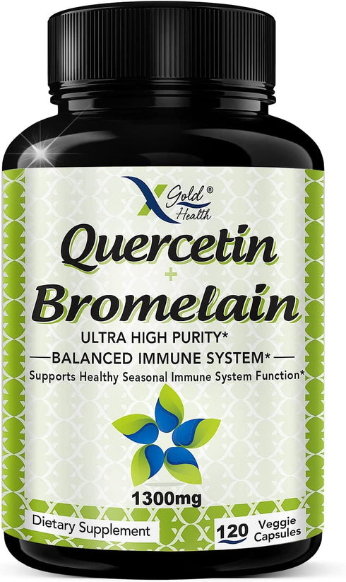 Quercetin 1000mg + Bromelain 300mg per Serving- Quercetin with Bromelain Supplement Complex for Cardiovascular Health, Respiratory System Support, Immune Function & Allergy Support-120 Veggie Capsules