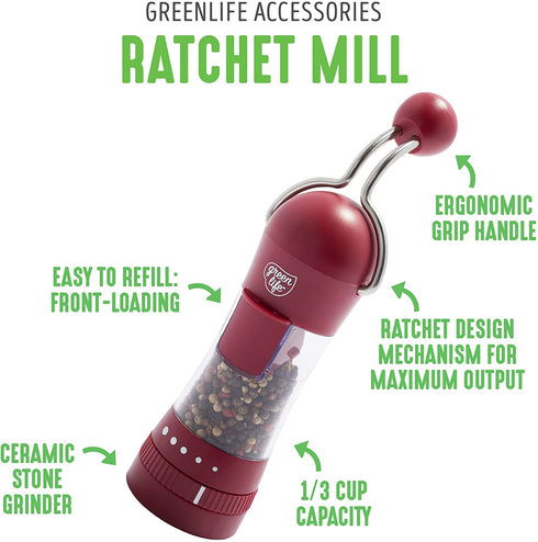 GreenLife Salt and Pepper Grinder, Mess-Free Ratchet Mill, Adjustable Coarseness and Easily Refillable, Red