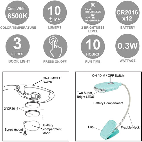 LUXSWAY Book Light for Reading at Night in Bed Kids Book Light Bookmark Bed Clip Book Light for Kids Book Lamp Portable LED Reading Light with Flexible Battery Operated Reading Lamp for Travel