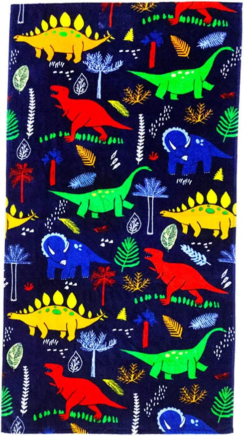 YIFONTIN Beach Towel for Kids, Dinosaur Velour Terry Towel, Cotton Blanket Throw, 30X60 inches for Travel Swimming Bath Camping and Picnic, Navy.