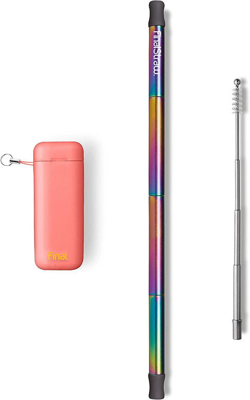 FinalStraw Collapsible, Reusable, Metal Straw | Travel Case, Cleaning Tool | Easy to Clean | Stainless Steel and 100% Silicon Tips | Eco-Friendly | Healthy Coral Case, Rainbow Stainless Steel