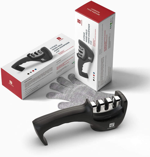 Kitchen Knife Sharpener - 3 Stage Knife Sharpening Tool Sharpens Chef's Knives - Kitchen Accessories Help Repair, Restore and Polish Blades Quickly, Food Safety Cut Resistant Glove Included, Black
