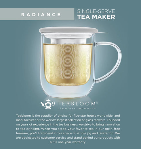 Teabloom Tea-For-One Steeping Mug Insulated Double Wall Glass Mug (12 oz), Stainless Steel Infuser, Porcelain Lid/Coaster Great For Brewing Loose Leaf Tea