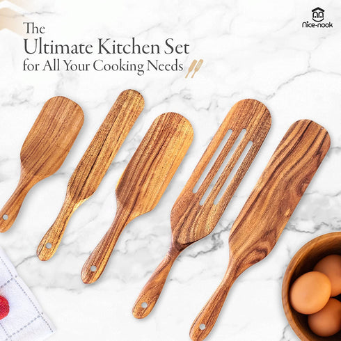 Spurtle set As Seen on TV- Nice-nook 5pc wooden spoons for cooking made with Premium teak wood-Cookware Utensils For Non Stick , Baking, Smashing, Scooping, Spreading, Serving and More-Great gift.