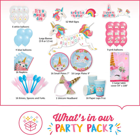 Unicorn Party Decorations by Aliza | Girl Princess Toddler Kids Birthday Pastel Rainbow Pink Decorations Cups Plates Signs Napkins Balloons Tablecloth Utensils Decorations for Girls Serves 16