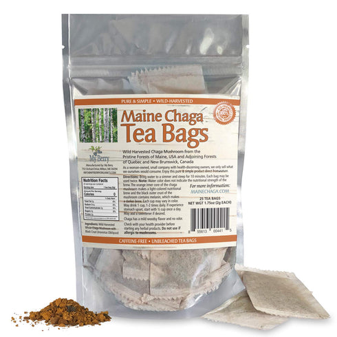 Maine Chaga Tea Bags, Wild Harvested & Pesticide Free, 25 Bleach-Free Bags, Not Imported Chaga, USA Maine & Canadian Grown