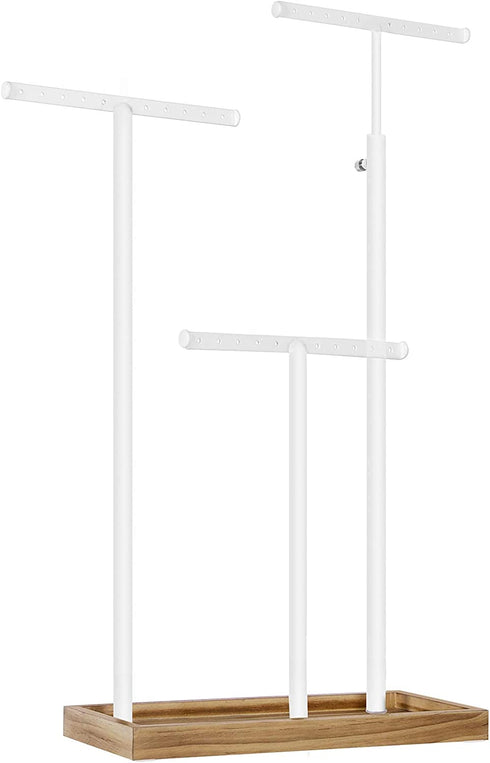SONGMICS 2-in-1 Jewelry Display Stand Holder, Jewelry Rack Tree with 3 T-Shape Metal Bars with Holes, Storage Tray, Adjustable, Long Necklace Bracelet Earring Ring, Rustic Brown and White UJJS016W01