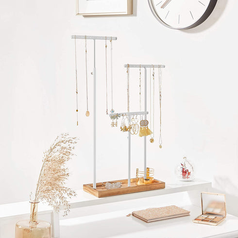 SONGMICS 2-in-1 Jewelry Display Stand Holder, Jewelry Rack Tree with 3 T-Shape Metal Bars with Holes, Storage Tray, Adjustable, Long Necklace Bracelet Earring Ring, Rustic Brown and White UJJS016W01