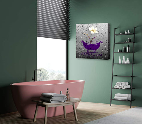Purple Bath Tray Flowers Home Bathroom Decoration Artwork Modern Decorative Canvas Wall Art for Wall Decor and Framed Ready to Hang 20"x20"