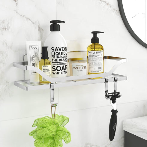 FANHAO Shower Caddy Adhesive with Hooks, Rustproof SUS304 Stainless Steel Bathroom Shelf Storage Organizer for Shampoo Conditioner, Kitchen Shelf Rack No Drilling Wall Mounted