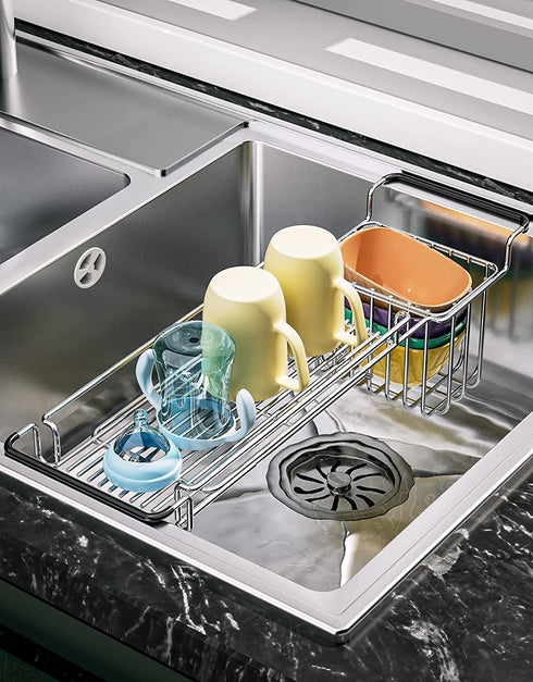 Telescopic Sink Caddy Sponge Holder, Expandable 13-3/4" to 18" Kitchen Sink Organizer with Dish Clothes Hanger for Brush Dishwashing Liquid, Over Sink Rack Rustproof & Non-Slip, Stainless Steel