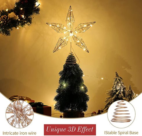 Shinowa 11.8Inch/30cm Christmas Tree Topper, Glittered Star Treetop with 20 LED Lights Battery Operated Christmas Tree Decoration Metal Lighted Xmas Seasonal Festive Party Holiday Home Decor, RoseGold