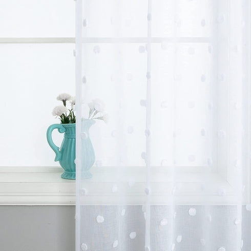 White Boho Curtains 96 Inches Long for Living Room Set 2 Panels Pocket Semi Sheer Pretty Crinkle Pom Dot Floral Curtains for Front Windows Aesthetic Bedroom Girls Decorations Decor 8 FT Floor Length