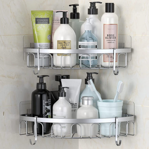 stusgo Corner Shower Caddy, Shower Shelf, Adhesive Shower Wall Caddy, SUS304 Stainless Steel Shower Rack Corner, Bathroom Storage Organizer Rustproof with 4 Hooks for Dorm Kitchen, 2 Pack