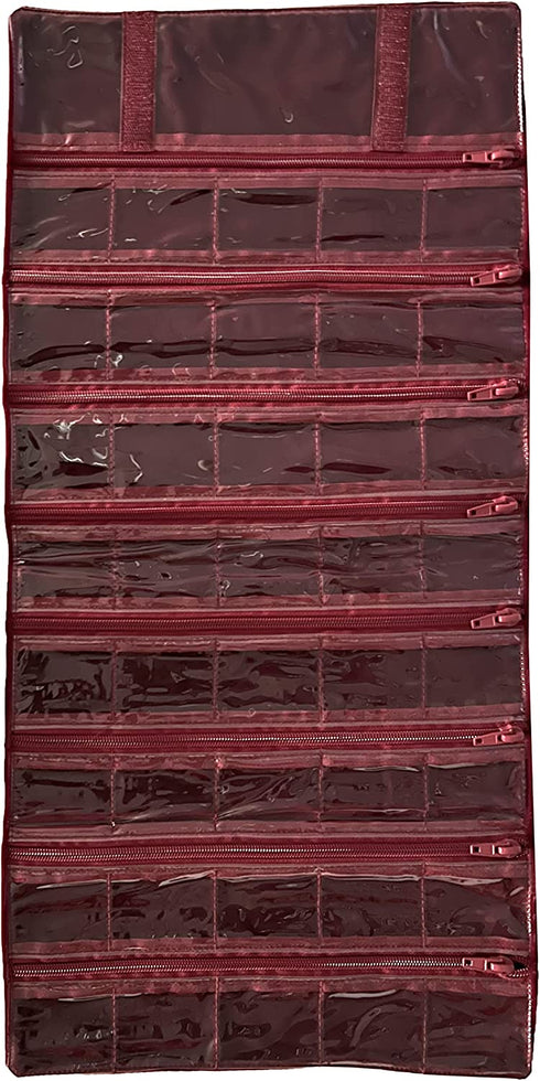 UnionPlus Travel Jewelry Case Roll Bag Organizer for Necklace Bracelet Earrings Ring, 29 Zipped Grids with PVC Cover, Burgundy