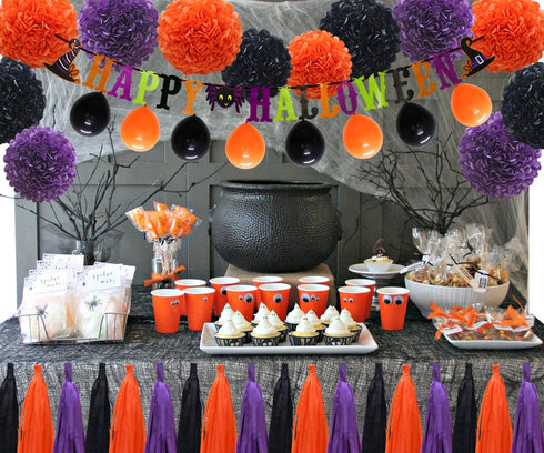 ADLKGG Halloween Orange Purple Black Party Decorations, €œHappy Halloween Banner, Balloons, Tissue Paper pom poms Flowers, Tassel DIY Party Garland, Birthday Party, Baby Shower, Festival