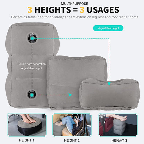 Inflatable Travel Foot Rest Pillow,Toddler & Kids Airplane Bed,Airplane Foot Rest for Kids and Adults,Adjustable Height Foot Pillow, Inflatable Foot Rest for Airplane Travel, Car,Train,Office (Grey)