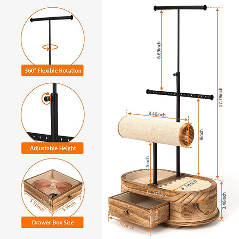 Emfogo Jewelry Organizer Tree Stand Wood Basic Jewelry Drawer Storage Box with Double Rods & 3 Tier Jewelry Holder Bracelet Organizer Necklaces Earring Ring Display(Carbonized Black)