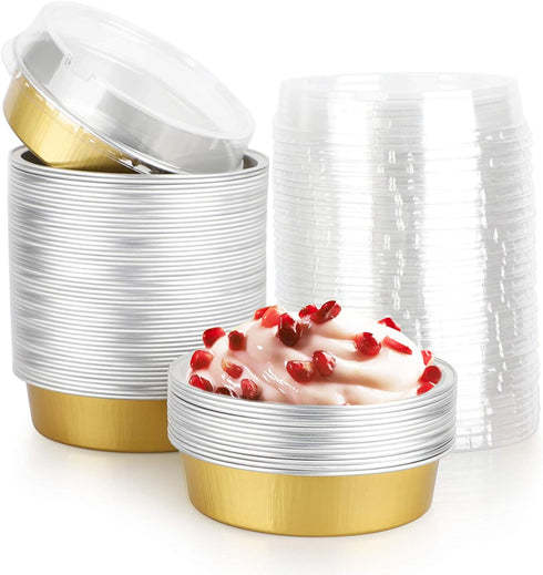Disposable Pie Tins 4 Inch, Beasea 50 Pack Mini Tart Pans with Lids, 8 Oz Golden Aluminum Pie Pan Tin Tart Pans Round Oven Baking Mini Cake Pan for Pie Tart Quiche