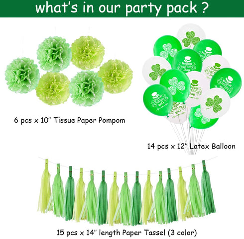 St Patricks Day Decorations, 64 Pcs Green Lucky Irish Party Supplies Accessories, Shamrock Balloon, Banner, Tissue Paper Pom Poms, Hanging Swirl, Paper Tassels