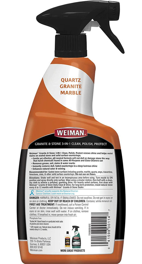 Granite Stone Clean, Polish and Protect - 24 Ounce - Streak-Free, pH Neutral Formula for Daily Use on Interior and Exterior Natural Stone