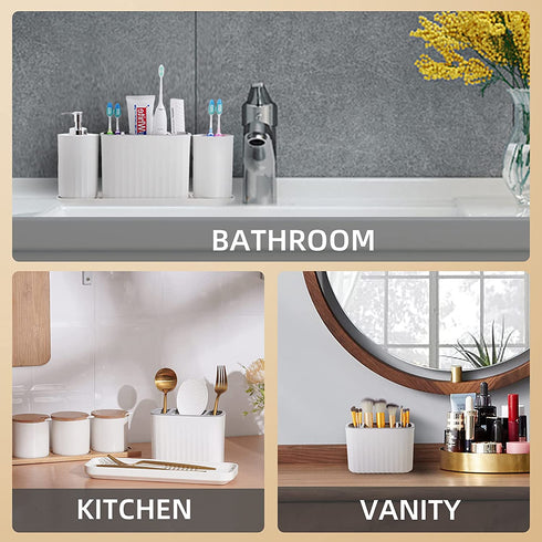 VITVITI Toothbrush Holder, Plastic Bathroom Organizer Countertop, Bathroom Counter Asseccories Storage Set with Tumbler, Soap Dispenser, Drainage Tray, for Bathroom/Toothpaste/Kids - White