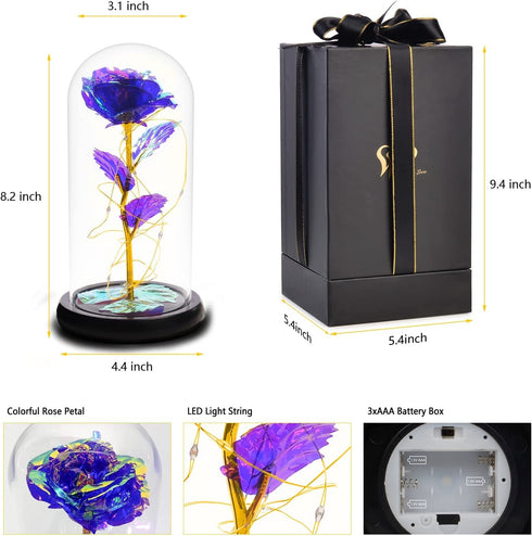 Feerory Galaxy Rose, Artificial Flower Rose in Glass Dome Unique Gift Set Ideas for Women Mom Wife Girlfriend on Mother's Day Birthday Wedding Anniversary- Purple