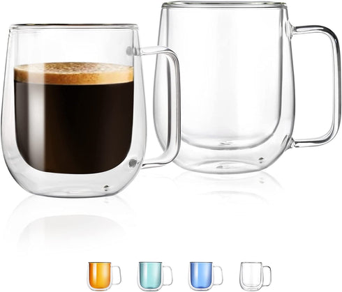 12 oz Double Walled Glass Coffee Mugs with Handle, Thermal Insulated and No Condensation Clear Coffee Mug, Glass Cups for Americano, Latte, Espresso, Cappuccinos Beverage and Tea