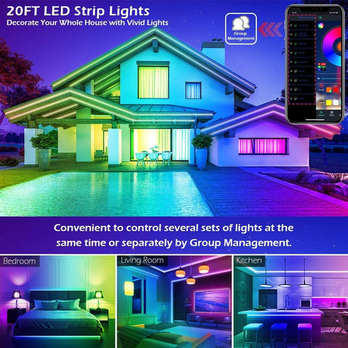 Led Strip Lights,20ft/6M Led Light Strips Music Sync Color Changing RGB Led Strip Built-in Mic,Bluetooth App Control LED Rope Lights with Remote,5050 RGB Led Lights for Bedroom,TV,Party
