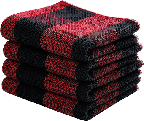 Kitinjoy 100% Cotton Buffalo Plaid Waffle Weave Kitchen Towels, 13 in x 28 in, Super Soft Absorbent Kitchen Dish Towels for Drying Dishes, 4Pack, Black/Red