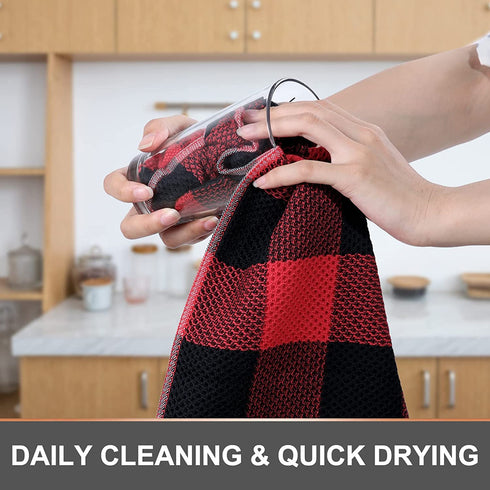 Kitinjoy 100% Cotton Buffalo Plaid Waffle Weave Kitchen Towels, 13 in x 28 in, Super Soft Absorbent Kitchen Dish Towels for Drying Dishes, 4Pack, Black/Red