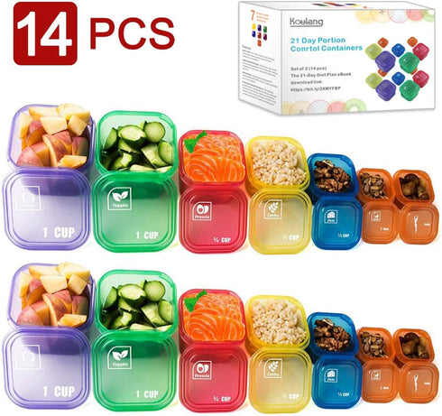 Koulang 21 Day Portion Control Container Kit - 14 Pieces BPA Free Food Portion Container Multi-Color Coded and Label-Engraved for Diet Plans, Lose Weight with eBook