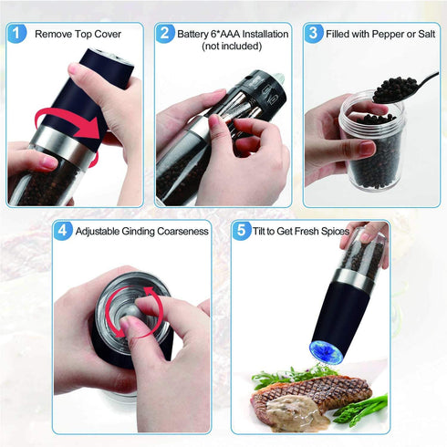 Pepper Grinder, Gravity Electric Pepper Mill, Battery Operated Automatic Salt Mill with Blue LED Light, One Handed Operation, Adjustable Coarseness, Black?Including Stainless Steel Spoon?