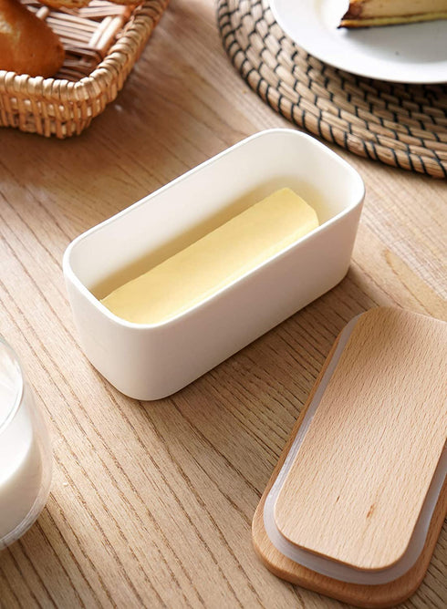 Sweese 325.101 Small Butter Dish - Airtight Butter Keeper Holds Up to 1 Sticks of Butter - Porcelain Container with Beech Wooden Lid, White