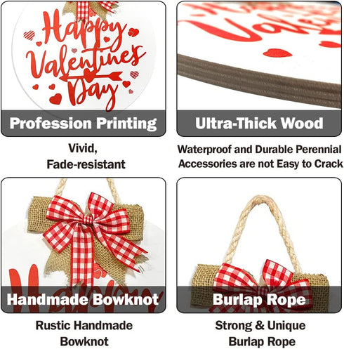 Happy Valentine's Day Hanging Sign, Round Wooden Red Heart Valentines Day Decor Front Door Sign with Ribbon Bow for Valentine's Day Front Door Wall Rustic Farmhouse Porch Decorations, 12 Inch (Red)