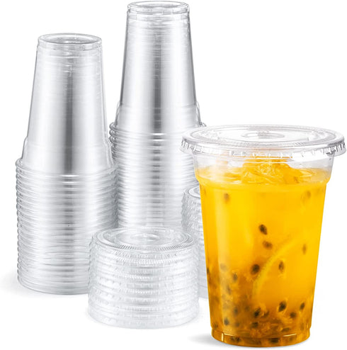 Eupako 9 oz Plastic Cups with Lids, 9 Ounce Clear Disposable Plastic Party Cups with Flat Lids, Cold Drink Cups Pack of 100