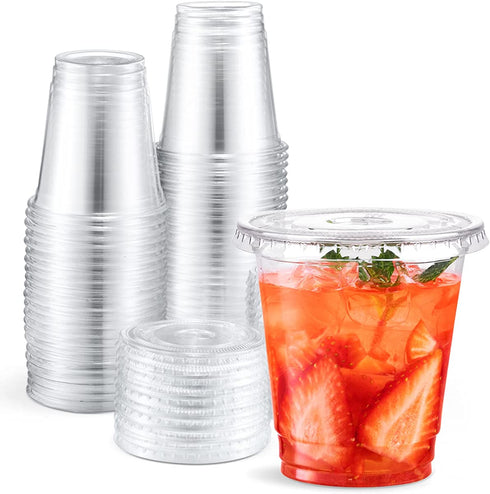 Eupako 8 oz Plastic Cups with Lids, Clear Disposable Cups with Flat Lids, Cold Drink Containers Pack of 100