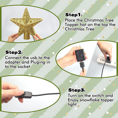 Christmas Tree Topper Star Christmas Tree Topper Lighted with LED Magic 5 Dynamic Patterns Rotating Projector and Switch, 3D Glitter Hollow Gold Xmas Tree Topper for Christmas Tree Decorations