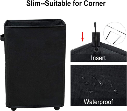 ZERO JET LAG 45L Slim Laundry Hamper on Wheels Rolling Thin Laundry Basket Clothes Basket Tall Dirty Clothes Bin Storage Basket Organizer Sorter Bedroom Bathroom 15—8—22 in (22 Inches,Black)