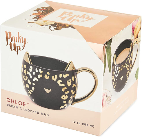 Pinky Up Chloe Leopard Cat Mug, 12 Oz Coffee Cup, Tea Kettle Accessory, Ceramic Black with Metallic Leopard Finish