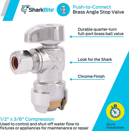 SharkBite 23036-0000LF Compression Angle Stop Valve, 1/2 Inch x 3/8 Inch Push-to-Connect, PEX, Copper, CPVC, PE-RT
