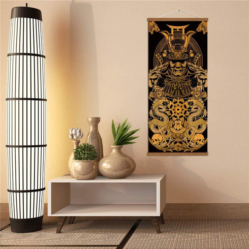 Warrior™s Dreams Canvas Wall Art Print Poster Armored Helmet Samurai spirit with Scroll Wood Framed Ready to Hanger Home Karate Hall Sushi Restaurant Decor 16?x35?