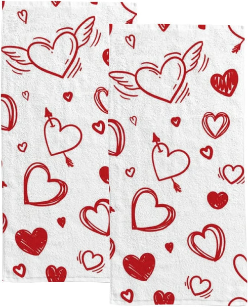 BVOGOS Valentine's Day Bath Hand Kitchen Towels Heart Romantic Face Towel Washcloth Set of 2 Soft Quick Dry Super Absorbent Bathroom Red