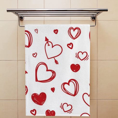 BVOGOS Valentine's Day Bath Hand Kitchen Towels Heart Romantic Face Towel Washcloth Set of 2 Soft Quick Dry Super Absorbent Bathroom Red