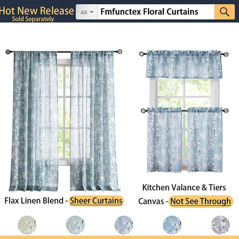 FMFUNCTEX Sheer Curtains for Living-Room 84" Long White Floral Blossom Print on Flax Linen Blend Window Curtain Panels 50" w x 2 Pack Rod Pocket