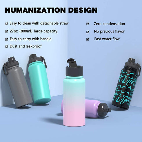 Macrosaving Water Bottle with Straw (27oz), 3 Lids, Double Wall Vacuum Stainless Steel Sports Insulated Water Bottle, Leakproof BPA Free Personalized Water Bottle Travel Thermos for Biking, Hiking