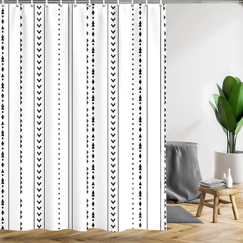 Yuiqear 71x71 Boho Shower Curtain Black and White Fabric Bathroom Curtains Set with Hooks, Chic Triangle Geometric Bath Curtain, Heavy Duty and Waterproof for Modern Hotel Decor