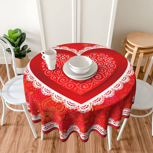Valentines Day Tablecloth Round 60 inch Wrinkle Free Red Romantic Love Heart Tablecloth Suitable for Kitchen Decorantion / Indoor and Outdoor Dining Table / Party / Picnic